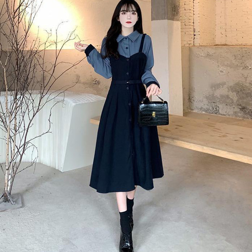 大きいサイズ レディース 秋 冬 重ね着風 ワンピース 新品 長袖