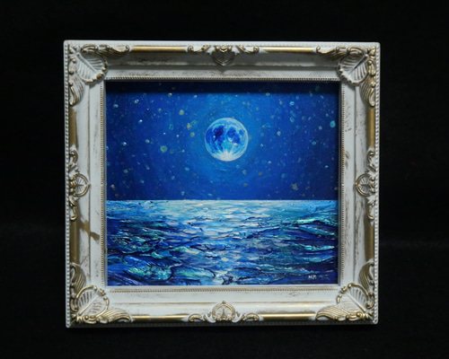 油絵 ミニ色紙 【スーパーブルームーンと海】 81da78822a7a39e6de223ff86e1607