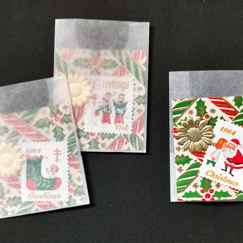 ヴィンテージ/グラシン封筒/グラシンの砂糖袋/伝票/洋書/切手/地図♪紙もの素材 mini christmas set♪UKグラシン封筒＋USAクリスマス切手＋USA