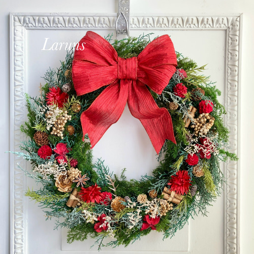 特大 豪華クリスマスリース　ハートリース リボン付　銀　天然素材リース　大きい クリスマスリース 玄関 特大 55cm 豪華 造花 クリスマス リース 赤