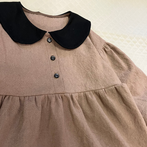 現品限り】【ヨークワンピース100size】ハーフリネン 丸襟 モカ