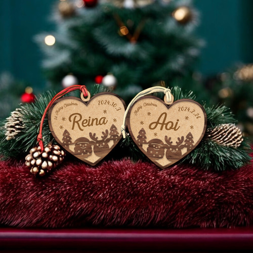 ハートの形をした 名入り 木製 クリスマスオーナメント 西暦 生年月日