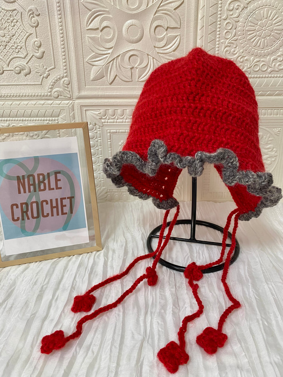 フリルボンネットハット〈red〉 ニット帽・ビーニー NABLE CROCHET