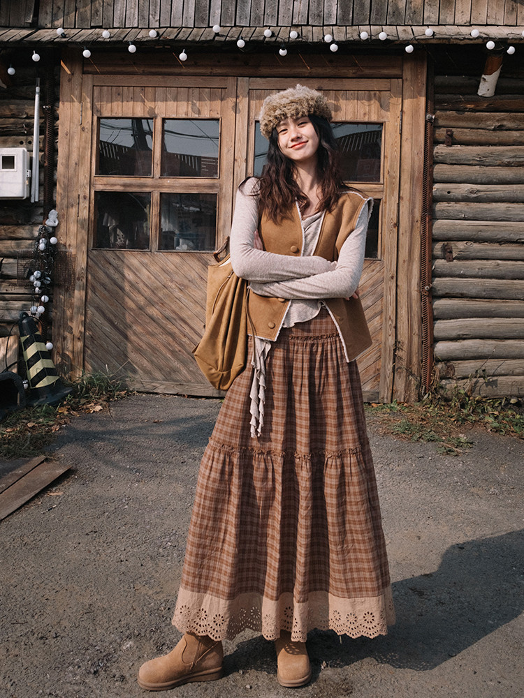 半身スカート、チェックレースロングスカート、高腰、傘スカート、裾、レディース