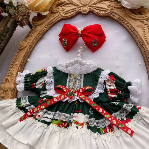 10/15/20/40cm着せ替えぬいぐるみ服 クリスマス緑リボン姫ワンピース