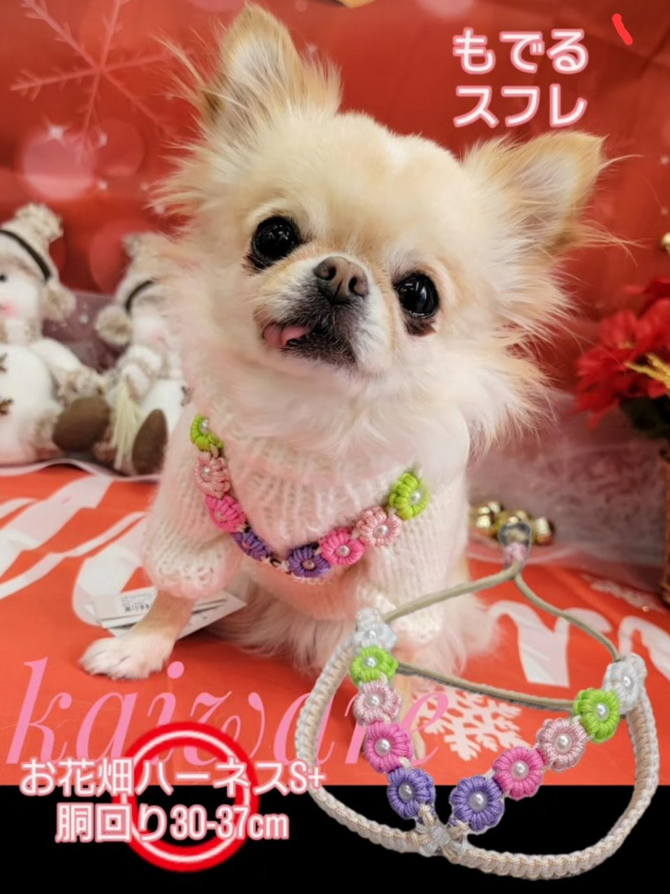 チワワのハーネスのみ お花付き かわいいパラコード 小型犬用 おそろい ちわわ ハーネス S+サイズ