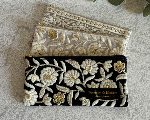 リップポーチ　ポーチ　ミニポーチ　インド刺繍　リボン　ブラック　1108-11 リップポーチ ポーチ ミニポーチ インド刺繍 リボン ブラック 1108-11