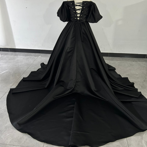 パーティードレス ブラック オフショルダー ロングトレーン 編み上げ