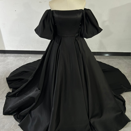 パーティードレス ブラック オフショルダー ロングトレーン