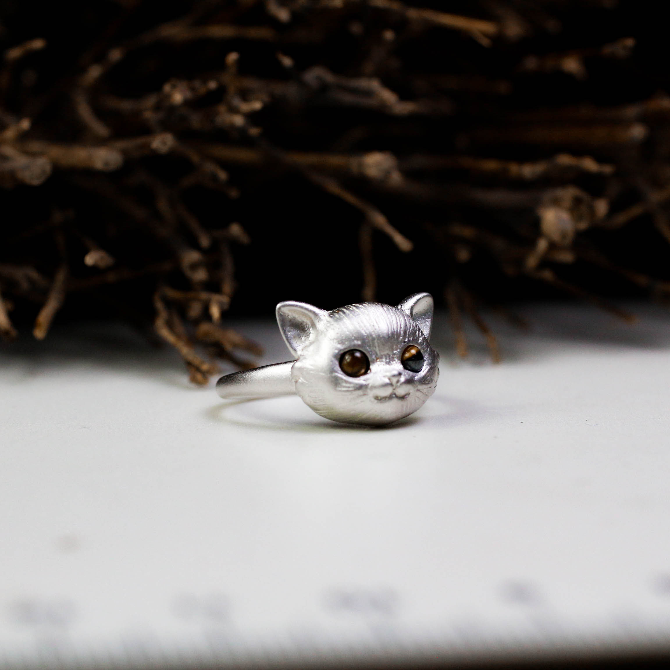 ビッグ・フェイス・キャット・シルバー・リング、宝石セット・ビッグ・アイ・キャット・リング、スマイリーキュート・ガール・ジ