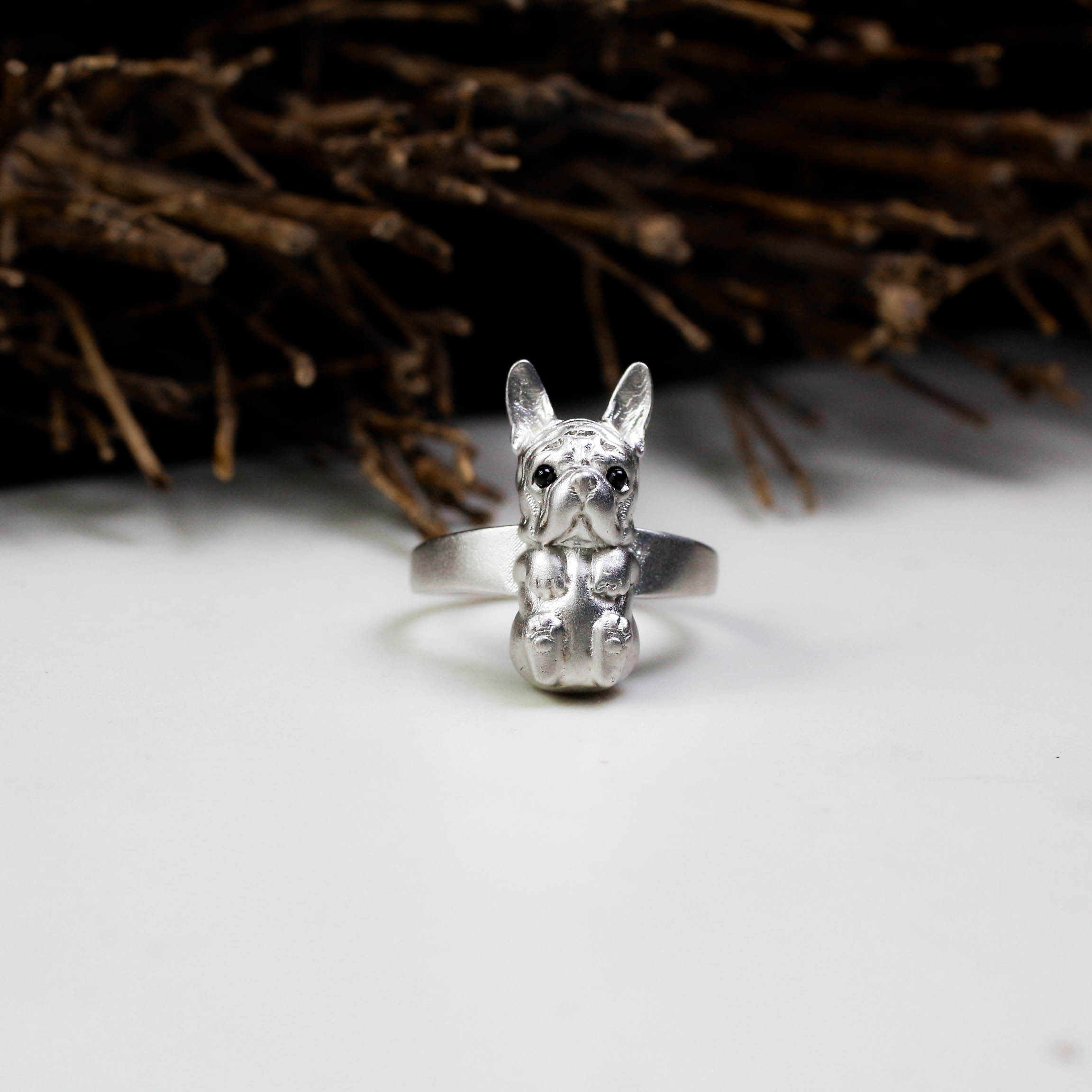 925スターリングシルバーフレンチブルドッグリング、ブラックジェムストーンアイズシルバードッグパグハンドメイドジュエリー
