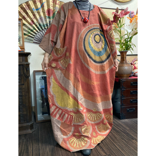 鯉のぼり(木綿)の柿渋染めワンピース古布リメイク