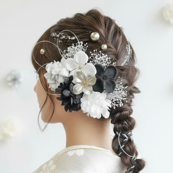 A209 黒シルバー 髪飾り 成人式 卒業式 前撮り 結婚式 水引 ヘッド