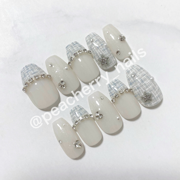 ネイルチップ 韓国 ツイード ワンホン フレンチ ガーリー 星 ネイル