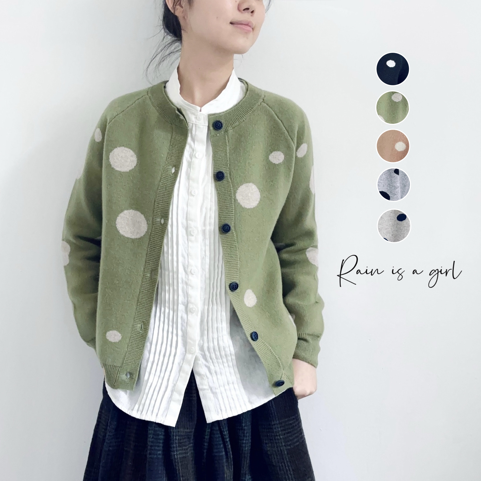 【カシミヤ100%★ドット柄のニットカーディガン】柔らかくて可愛い│クルーネック│４カラー│カジュアル│T-180QH
