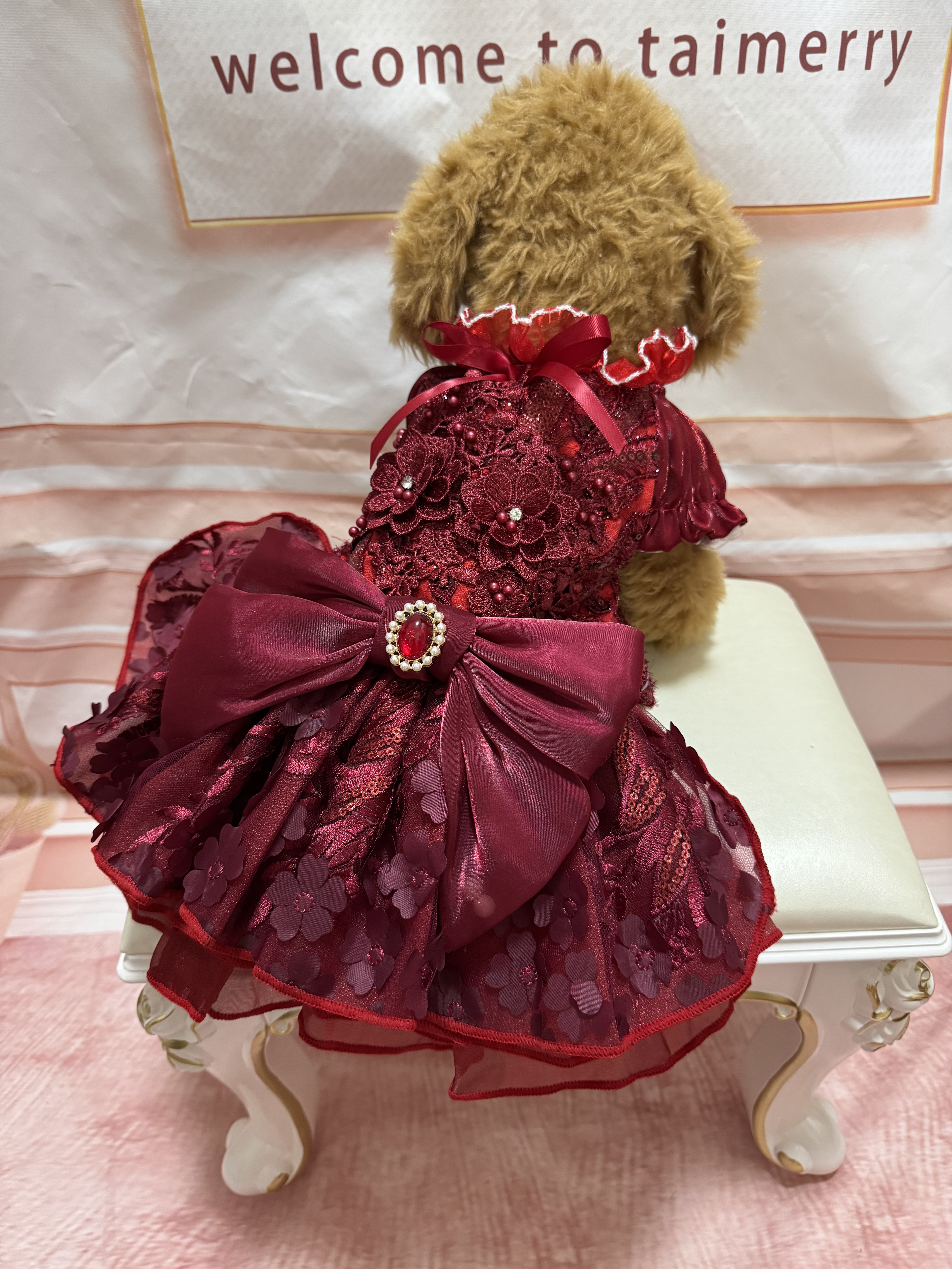 犬猫うさちゃん服 【即納OK】　　　　　　　　　　　　　　　きらりビジュー輝く、花のワインレッドドレス