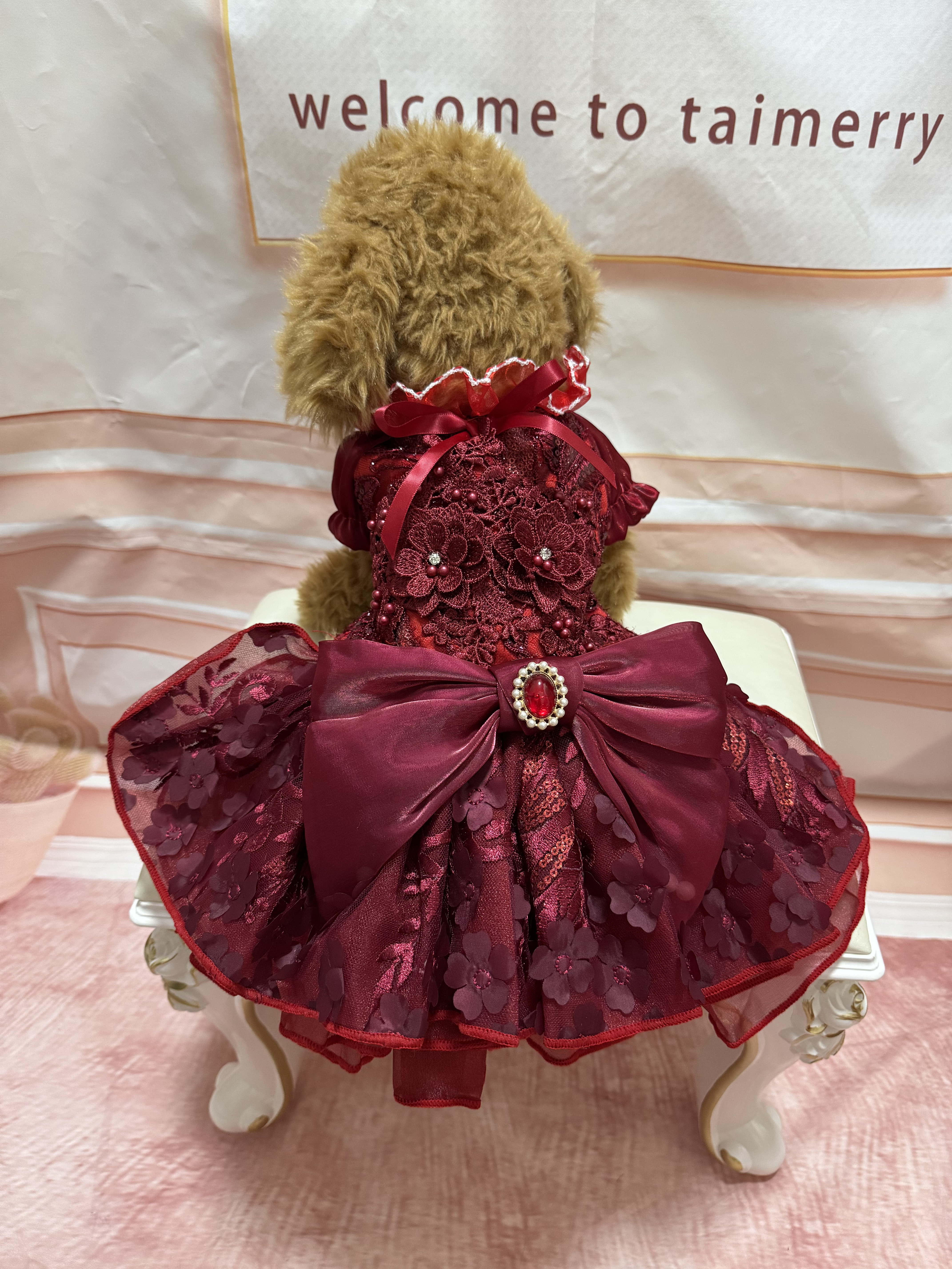 犬猫うさちゃん服 【即納OK】　　　　　　　　　　　　　　　きらりビジュー輝く、花のワインレッドドレス