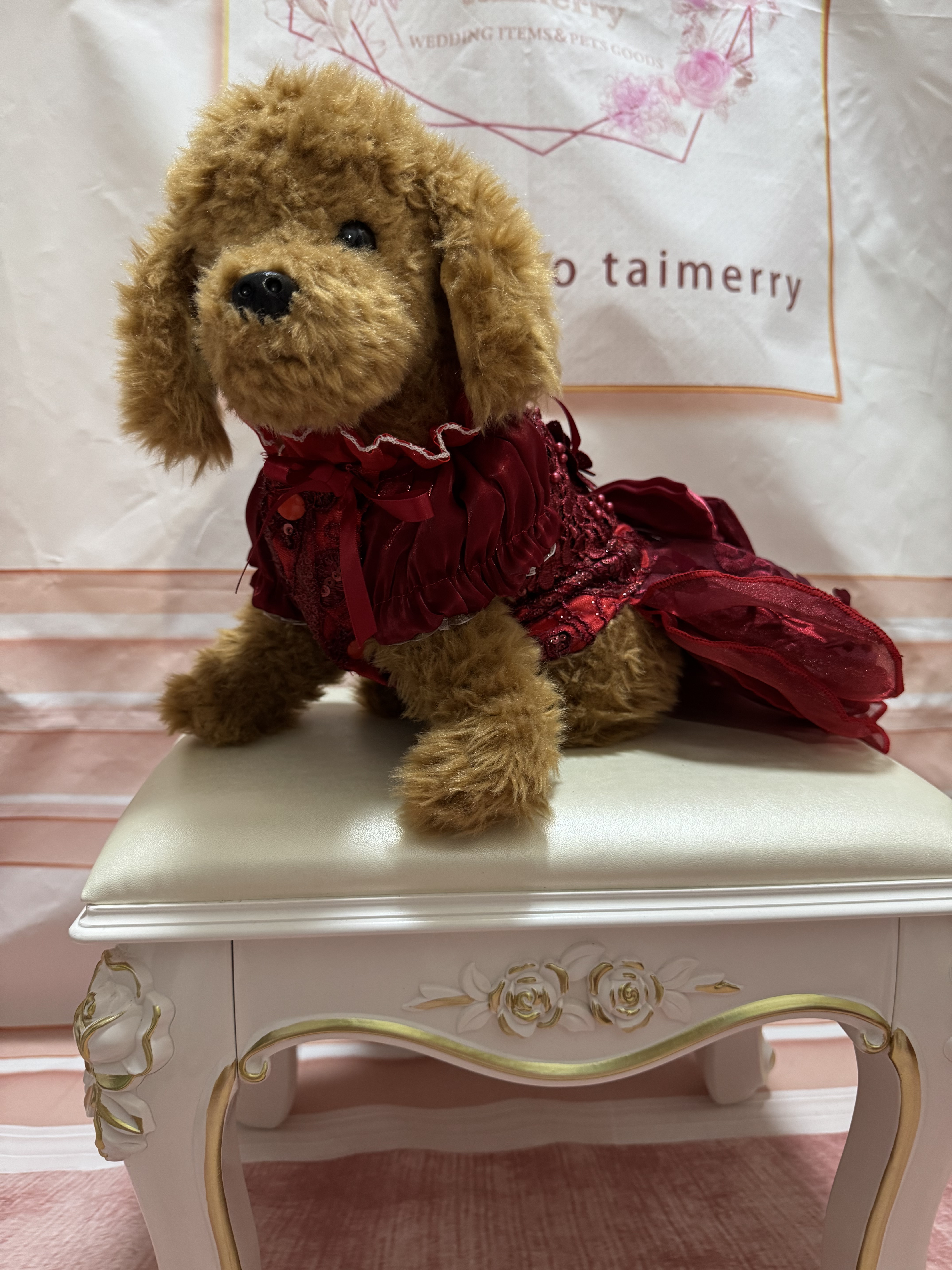 犬猫うさちゃん服 【即納OK】　　　　　　　　　　　　　　　きらりビジュー輝く、花のワインレッドドレス