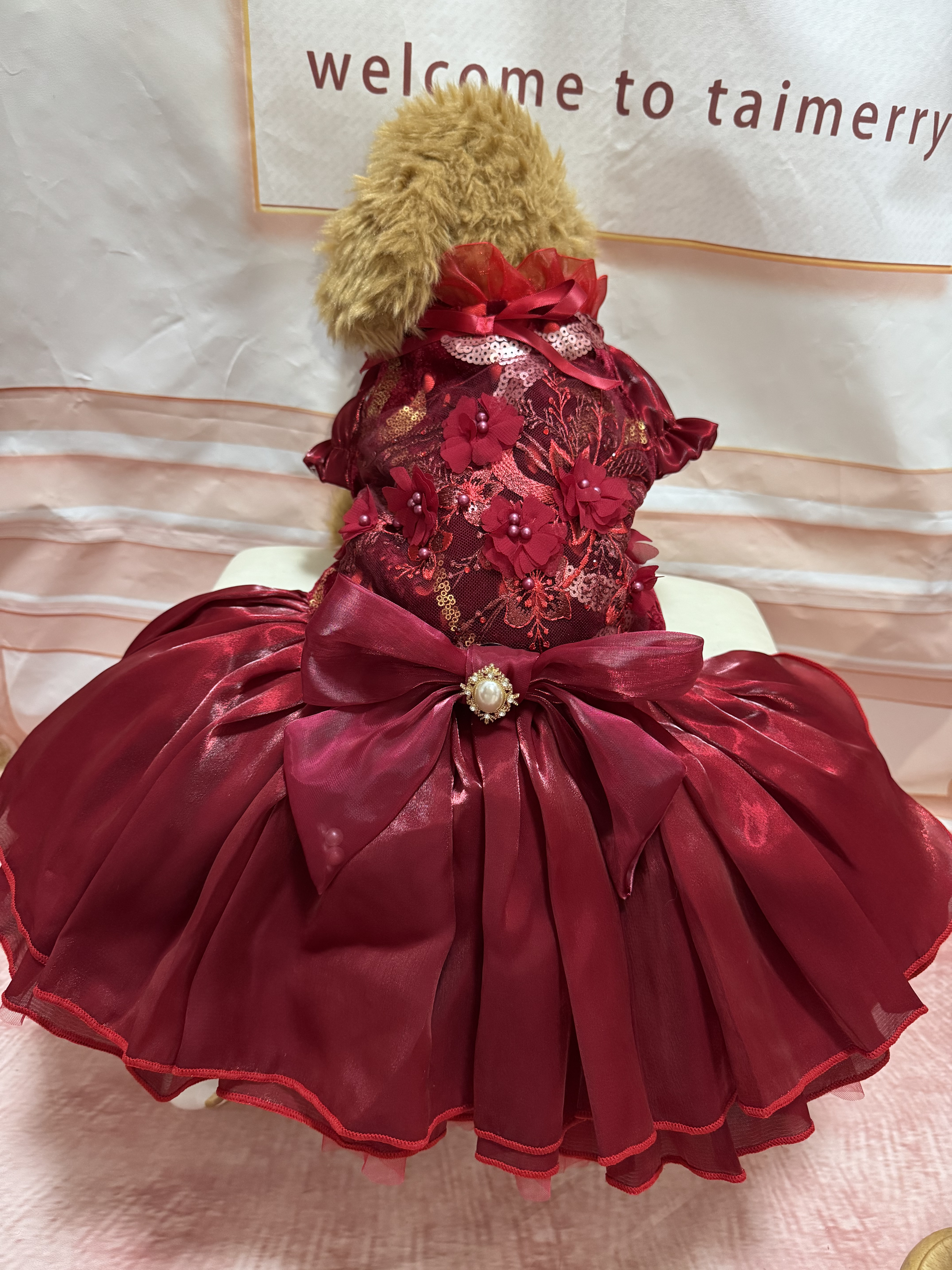 犬猫うさちゃん服 【即納OK】　　　　　　　　　　　　　　　大人フェミニン♡ワインレッド×ゴールドのフリルドレス