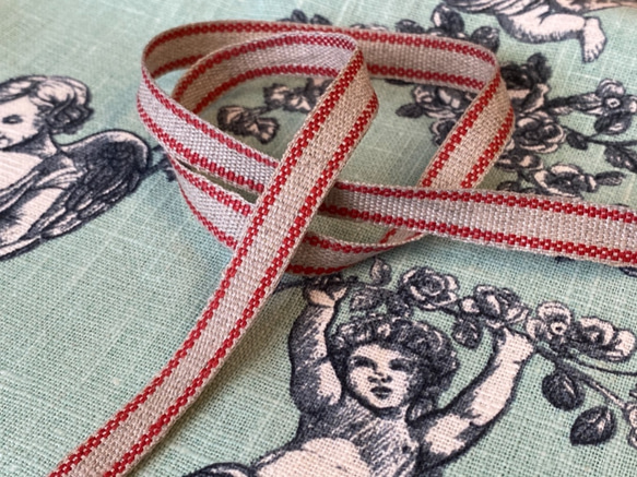 1m単位！リネンテープ！日本製！『リネン・ベーシックストライプ　レッドストライプ』〜10mm幅　1ｍ単位でカット～ 1枚目の画像