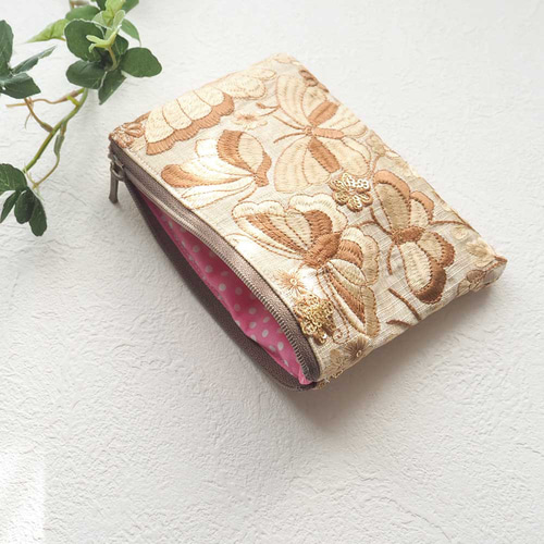 【リュンヌ】インド刺繍リボン・ミニポーチ マチあり＊インド刺繍リボン＊ミニポーチ/黒×BKチュール ポーチ