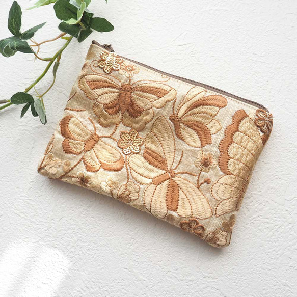 【リュンヌ】インド刺繍リボン・ミニポーチ マチあり＊インド刺繍リボン＊ミニポーチ/黒×BKチュール ポーチ