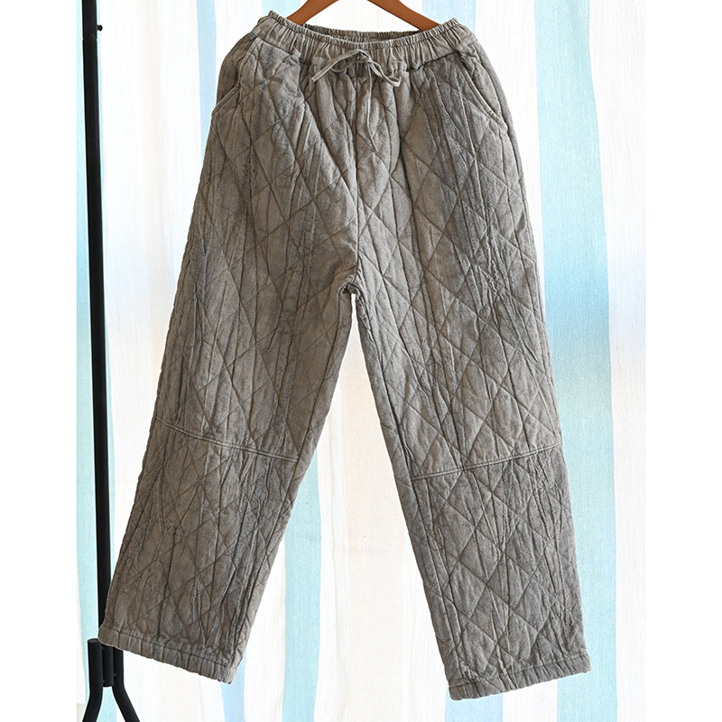 綿麻中綿パンツ　風合いあり水洗いゴムウエストキルティング中綿リネン暖かいパンツ　3色フリーサイズ　L498