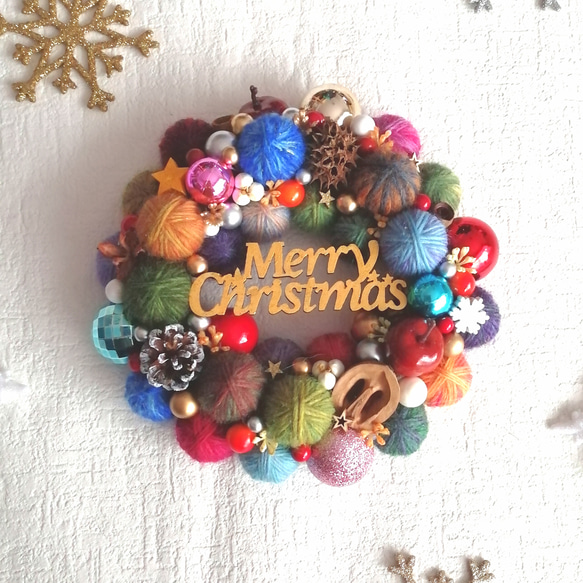 【販売済】毛糸玉リース★クリスマス 毛糸玉 クリスマスリース ニットボールリース リース amore 通販
