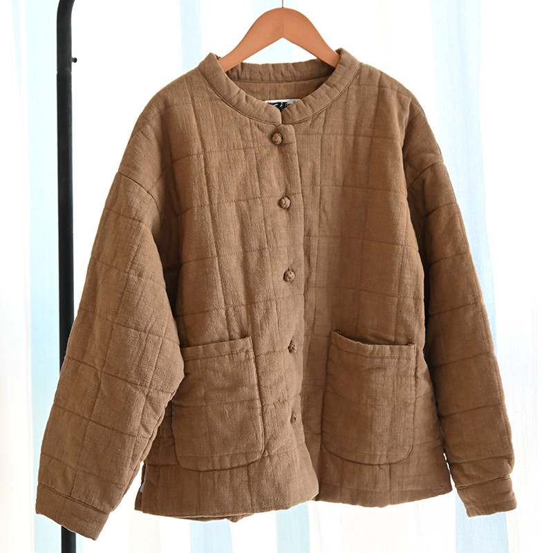 綿麻中綿ジャケット　キルティング中綿暖かいジャケット　チャイナボタン　3色　フリーサイズ　L499