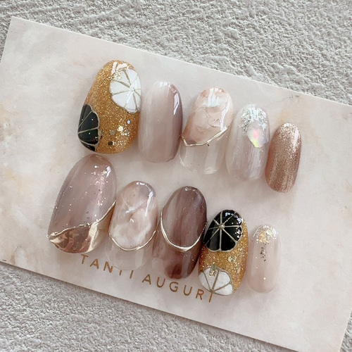 ゴールド 振袖 ネイルチップ ベージュ グレー 茶色系 成人式