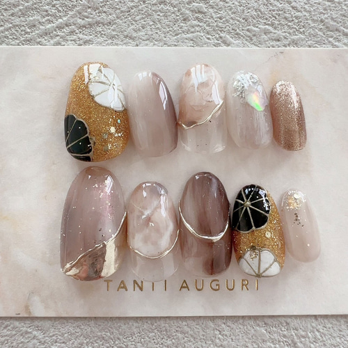 ピンクベージュニュアンスフラワー水引ネイル ブライダル 前撮り