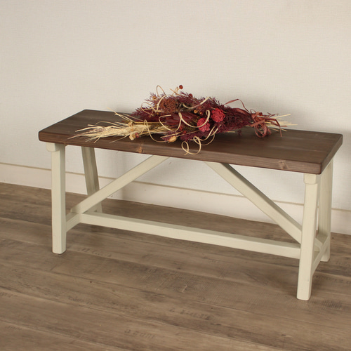 シャビーシックなベンチ ダークブラウン×アンティークホワイト ソファ