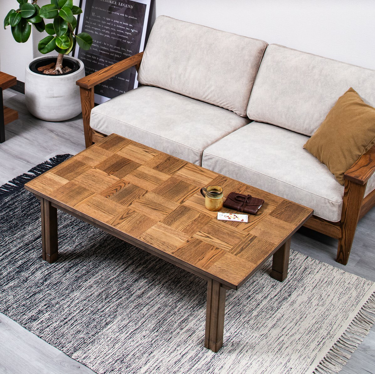 こたつ　オーク突板　ブロック調天板 ヴィンテージ風　120幅　4人用　継脚1段付き 【LBZ-SD-11812621】