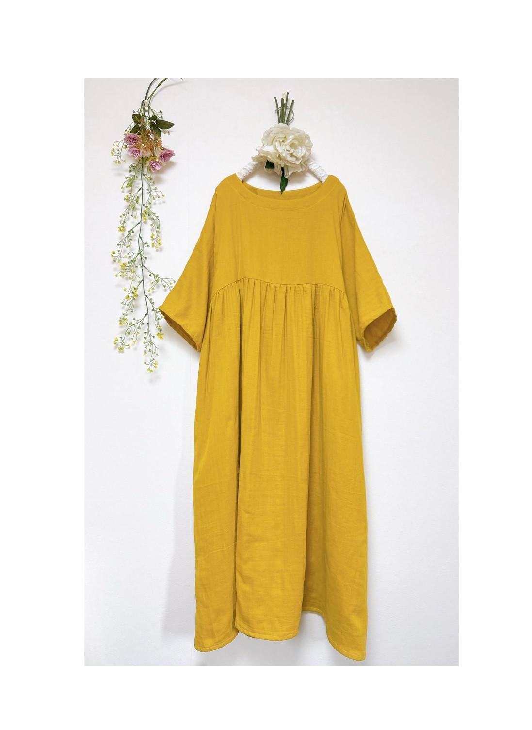 新色マリーゴールド/ ふわふわ大人のダブルガーゼ☆ギャザーワンピース❤️ロング丈【色変更ok‼️】