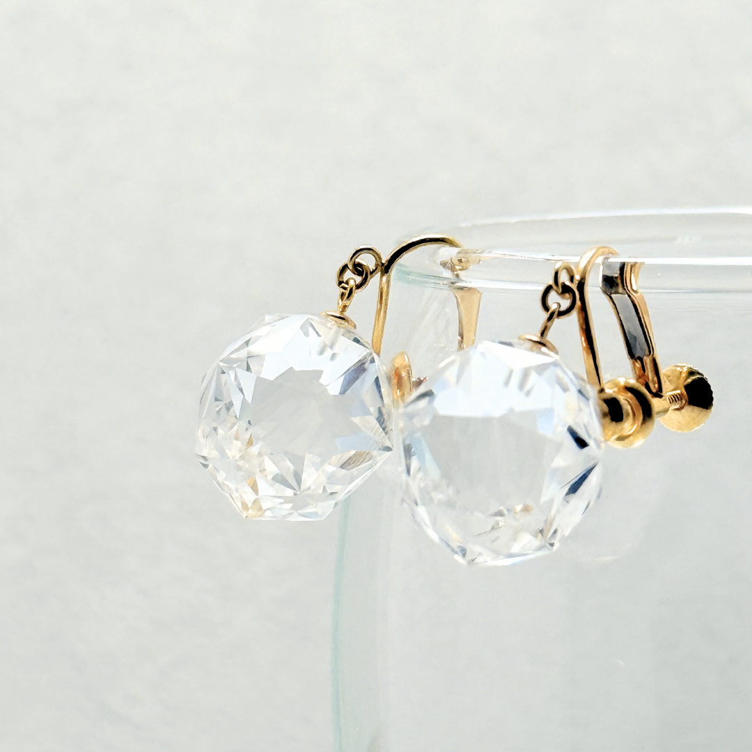 ラス1 K18 名工品 16mm 麻の葉 クォーツ/白水晶  イヤリング - 麻の葉