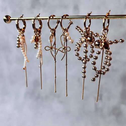 ゴールドチャーム ロングスティック チェーン フープイヤリング ハンドメイド MY mama アクセサリー パーツ チャーム 3D 立体 ピアス イヤリング