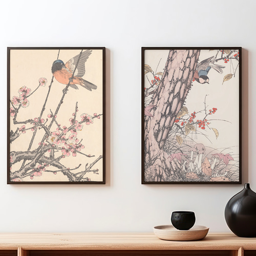 梅の花鳥図日本画アートポスター☆冬春お正月和室和モダン和柄癒し