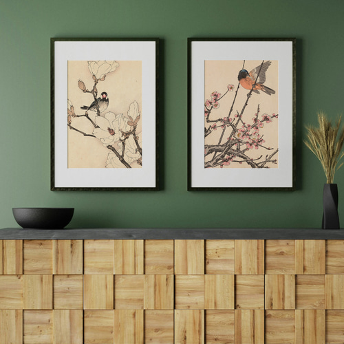 梅の花鳥図日本画アートポスター☆冬春お正月和室和モダン和柄癒し