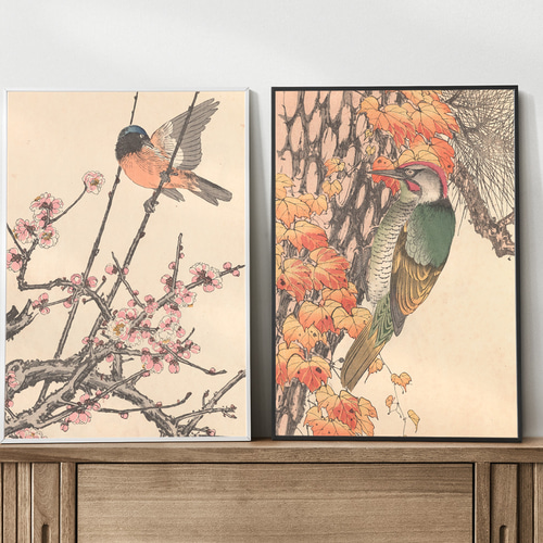 梅の花鳥図日本画アートポスター☆冬春お正月和室和モダン和柄