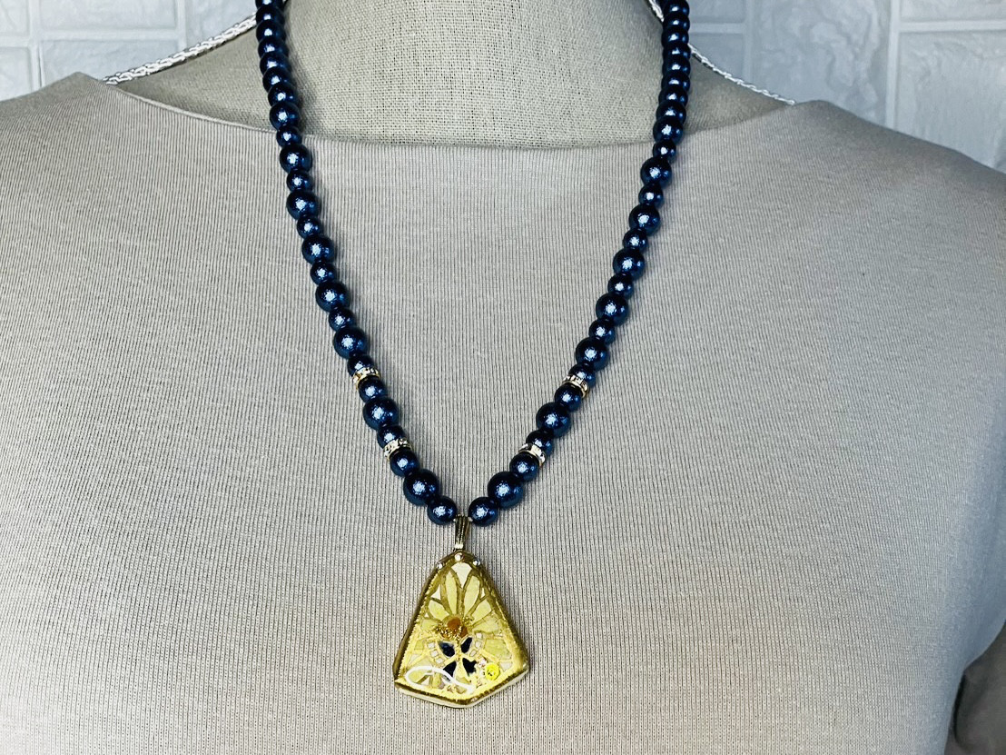 白薩摩焼コットンパールネイビーネックレス