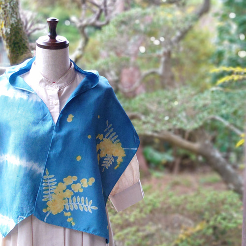 藍染めシルクストール〜ミモザ柄(長さ124cm・シルクスカーフ・草木染め