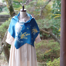 藍染めシルクストール〜ミモザ柄(長さ124cm・シルクスカーフ・草木染め