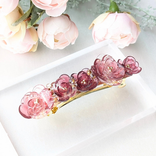 バレッタ】光花 お花のバレッタ 紅色 レジンバレッタ ヘア