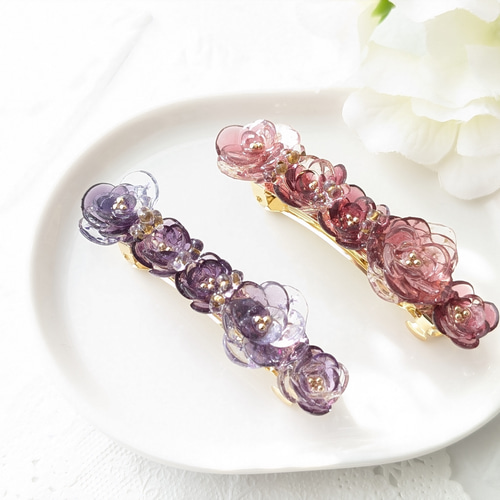 バレッタ】光花 お花のバレッタ 紅色 レジンバレッタ ヘア