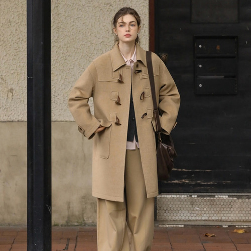 2色 ウール混ミドル丈ダッフルコート ポケット付き【冬春秋】ベージュ