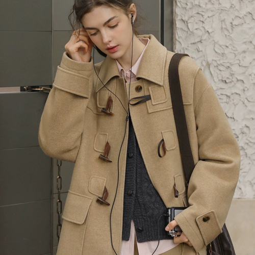 2色 ウール混ミドル丈ダッフルコート ポケット付き【冬春秋】ベージュ