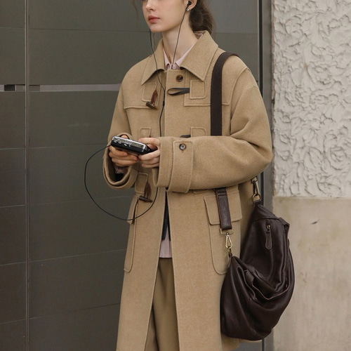 2色 ウール混ミドル丈ダッフルコート ポケット付き【冬春秋】ベージュ