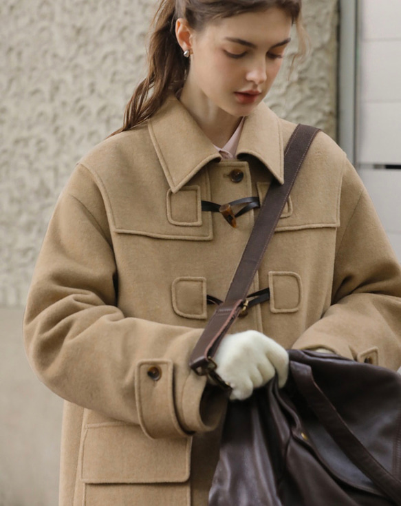 2色 ウール混ミドル丈ダッフルコート ポケット付き【冬春秋】ベージュ