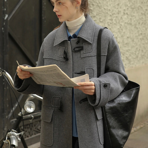 2色 ウール混ミドル丈ダッフルコート ポケット付き【冬春秋】ベージュ