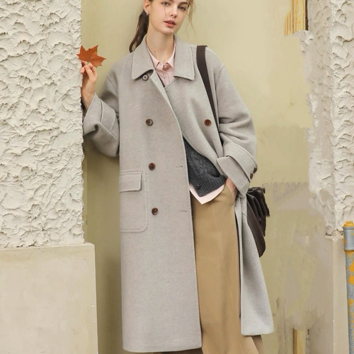 ウール混ダブルボタン 裏地付きロングコート ポケット付き【冬春秋
